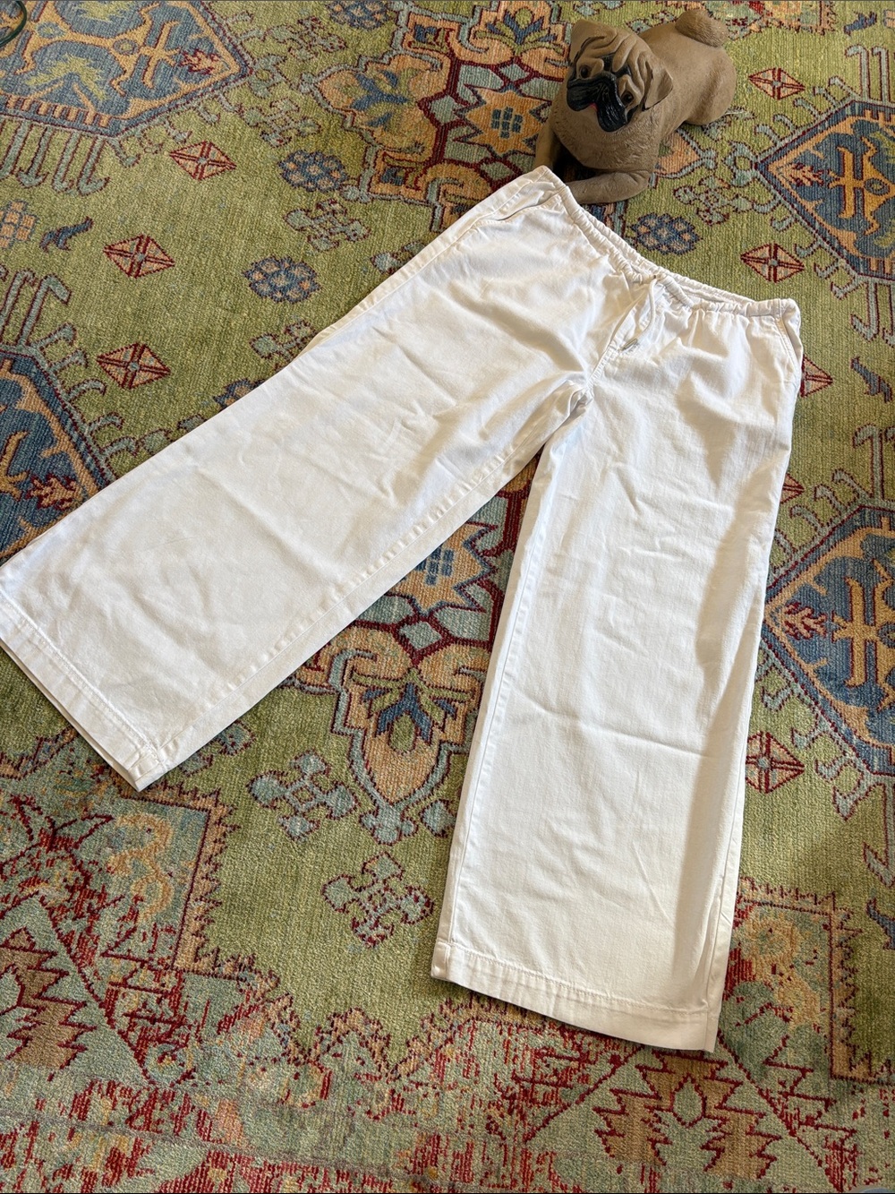 White Denim Wide-Leg Drawstring Pants small